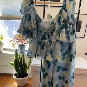 Fame and Partners Puff Sleeve, Wide Leg Watercolor Blue Pant Set